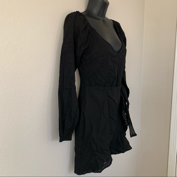 Princess Polly Kameron Black V Neck Tie Wrap Skirt Balloon Sleeve Mini Dress - Picture 4 of 10